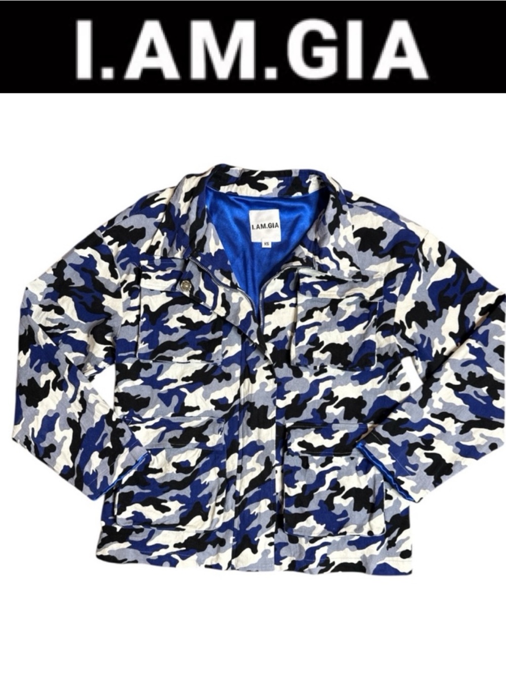 I.AM.GIA TARANTINO BLUE CAMO UTILITY JACKET ROYAL BLUE LINED STREETWEAR SIZE XS